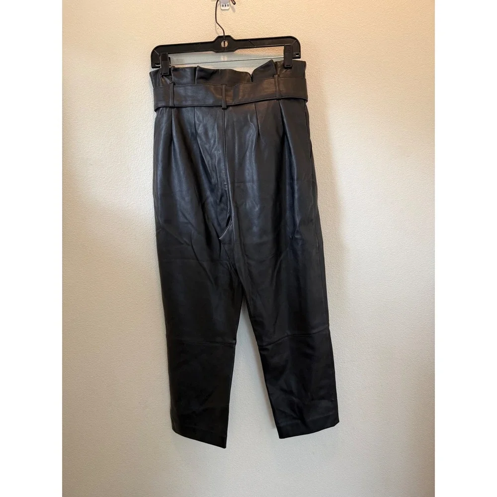 H&M Black Faux Leather Paperbag Waist Belted Tapered Pants Womens Size 8 Vegan